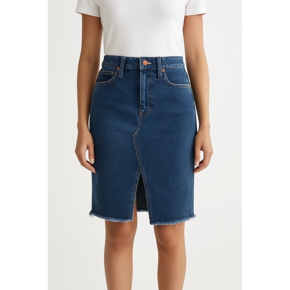Madewell Skirt (Fits Medium) Modern Minimalist Denim Pencil Raw Hem Front Slit